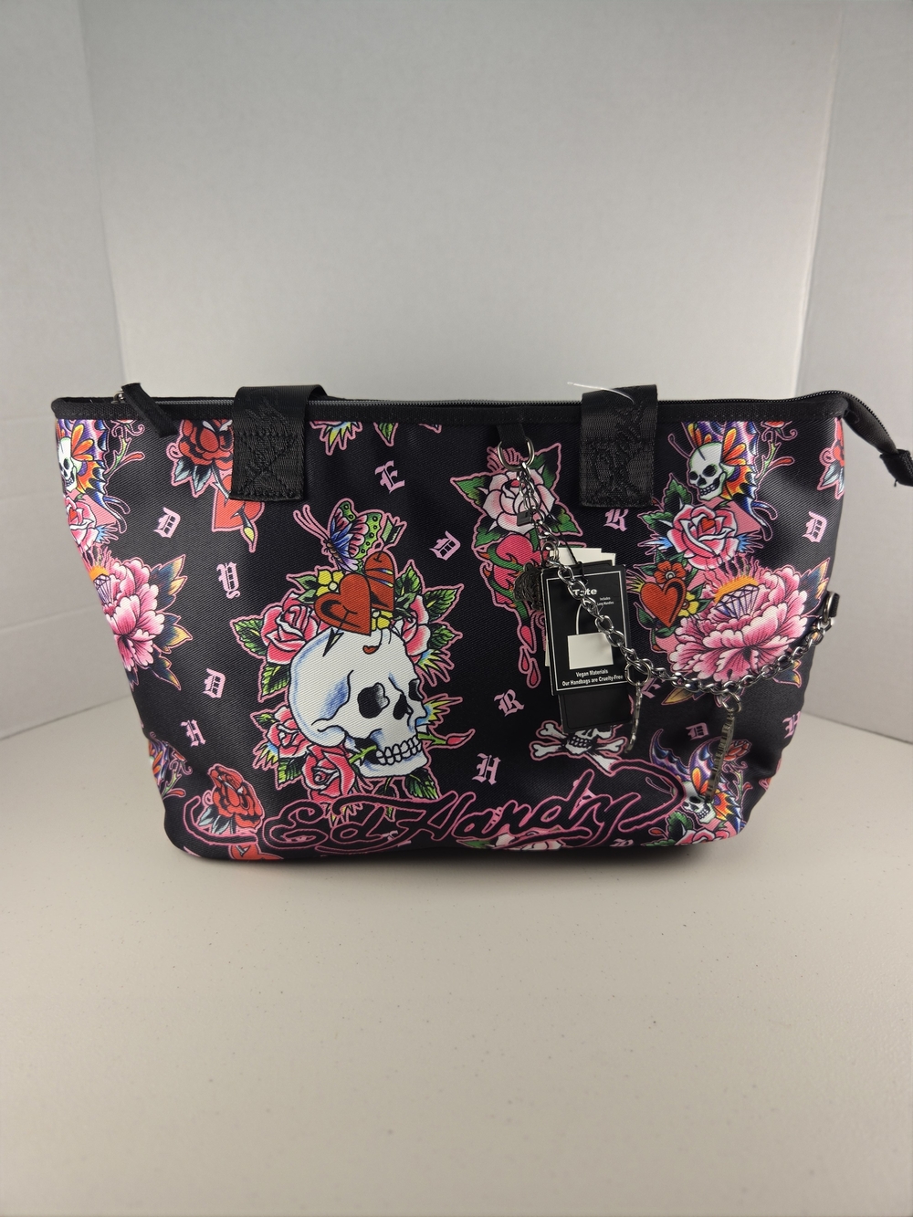 NWT Ed Hardy Black Floral Skull Tote Bag